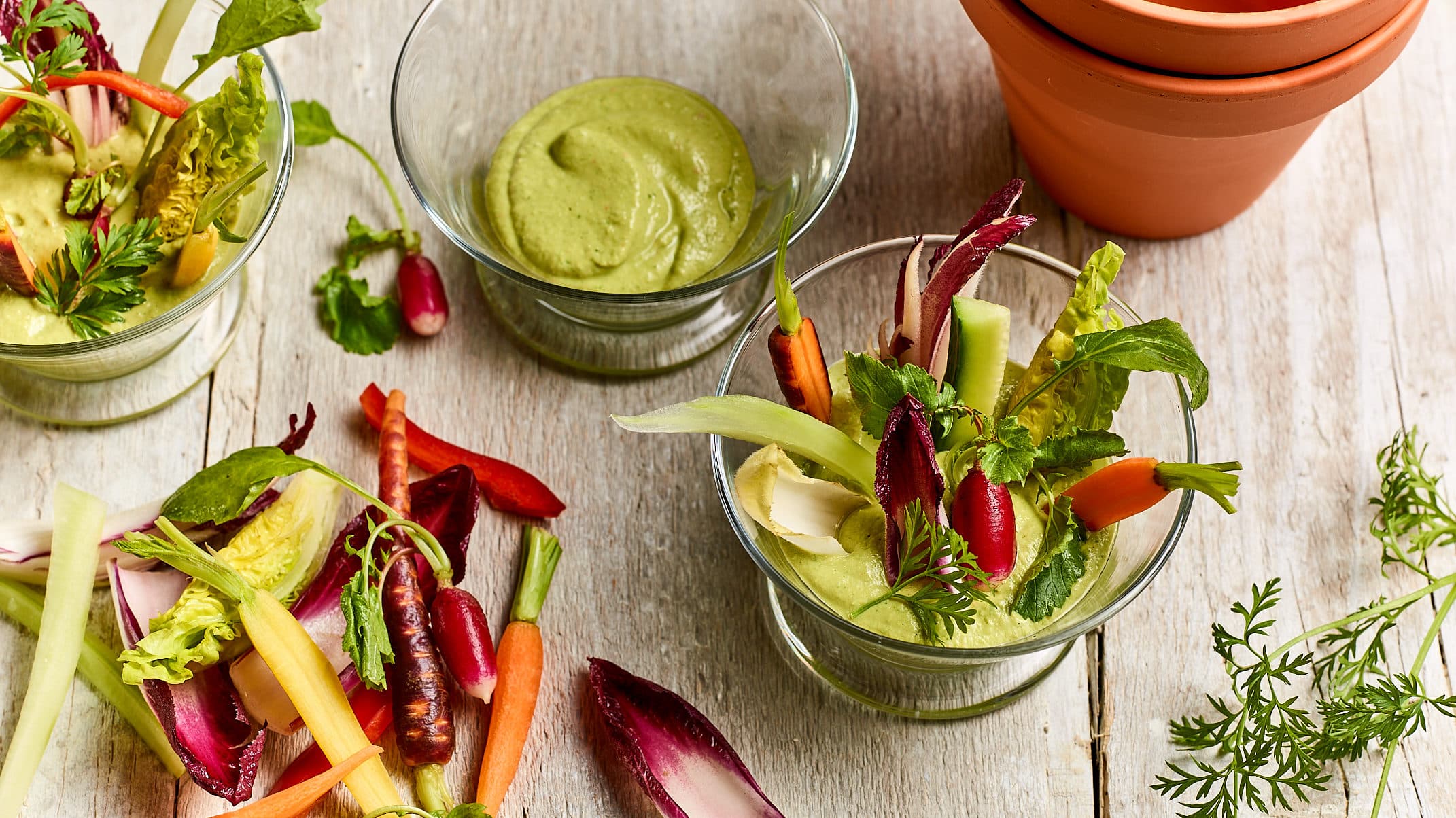 Spring vegetable crudités with a green pea vegan dip