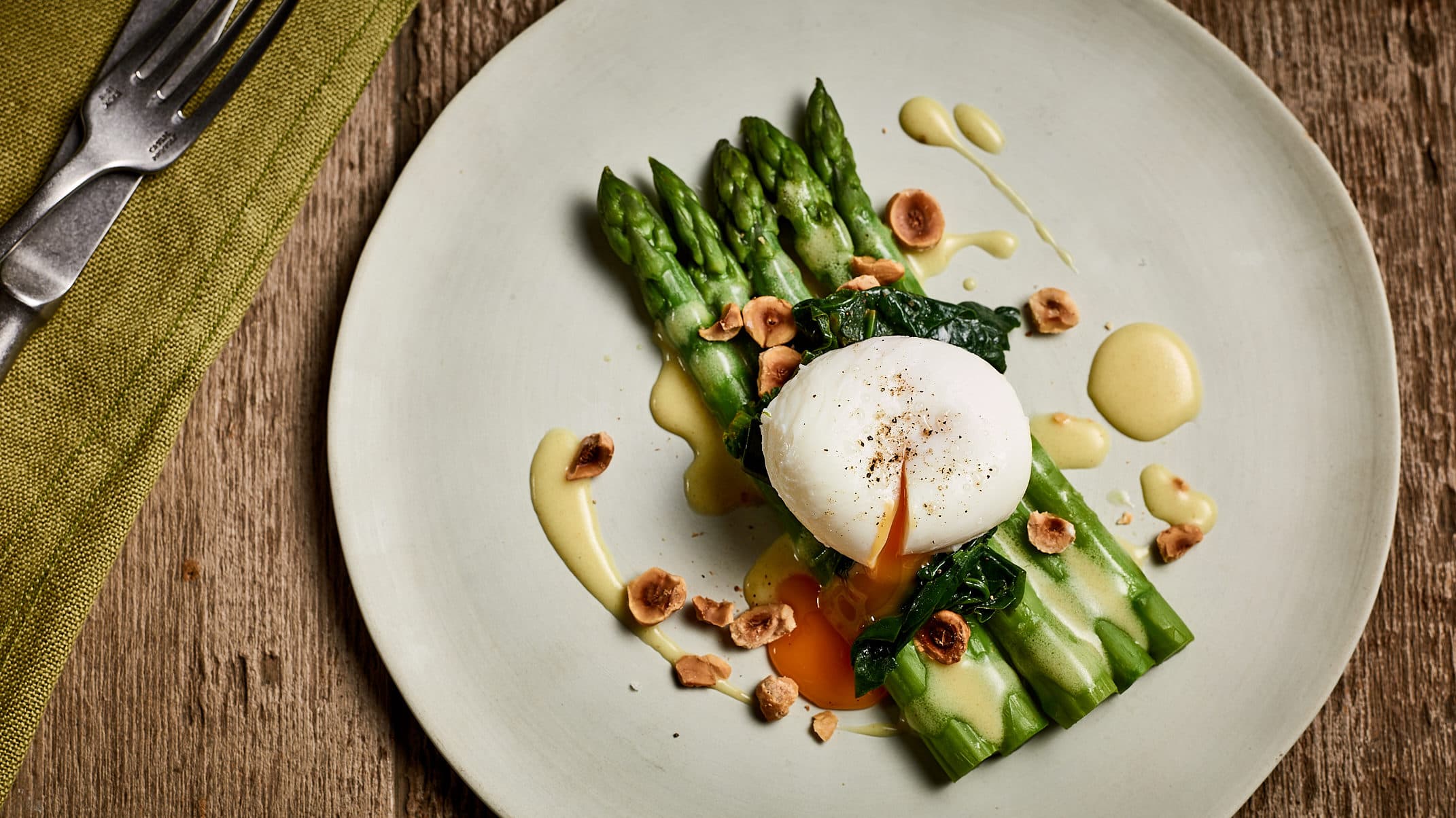 New season Asparagus, soft poached egg, mustard dressing
