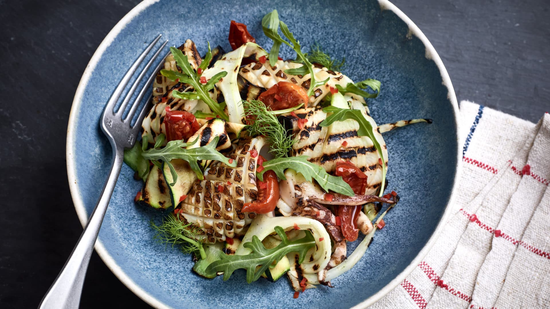 Spiced grilled squid with chargrilled vegetables